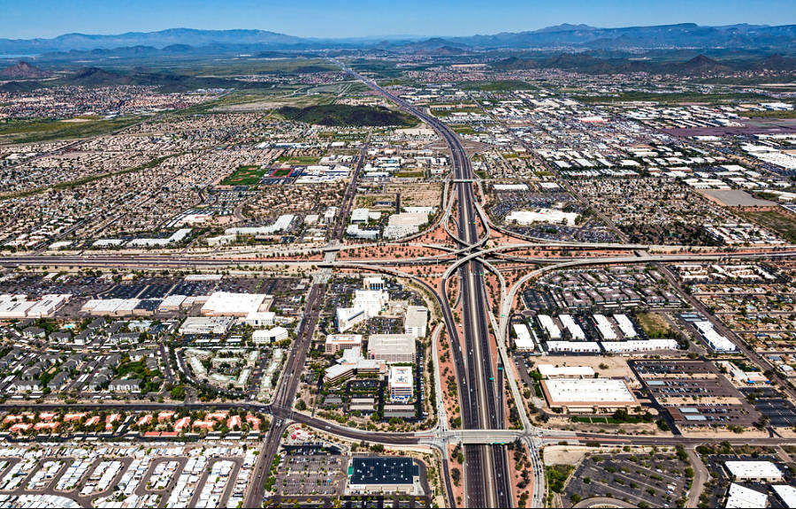 Aerial view of Interstate 17 and Loop 101 in the middle of the neighborhood