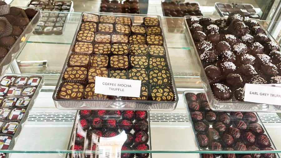 View of the displayed wide variety of chocolates from Deiter's Chocolates