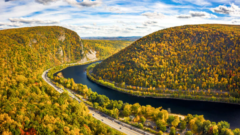 Aerial view of the fall foliage around the Delaware Water Gap