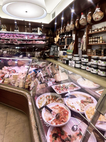 View of the displays inside a deli in Parma
