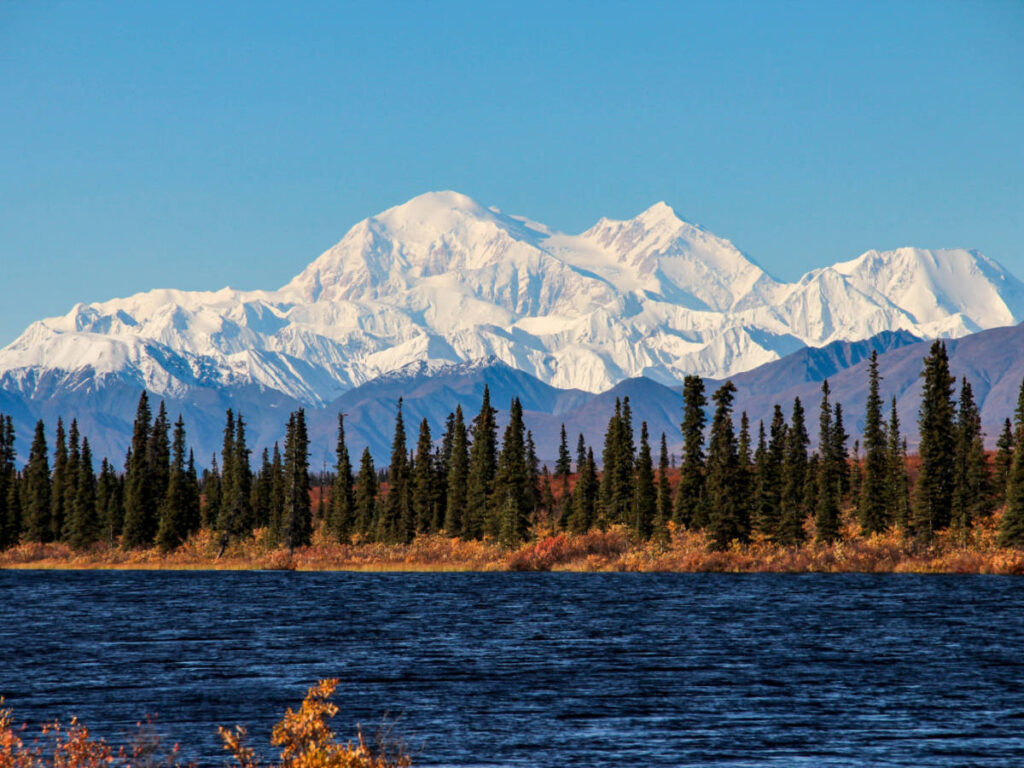 Clear blue sky over the Denali mountain in Alaska