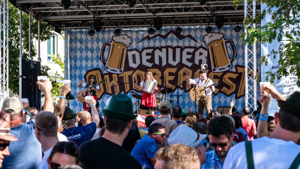 View of the crowd enjoying the stage performance during the Denver Oktoberfest