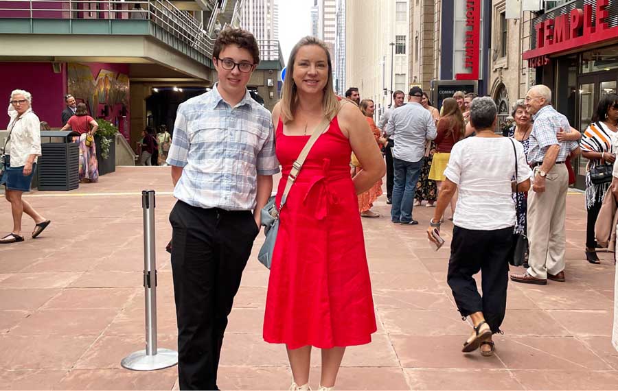 The author with her son in Denver Performing Arts Complex