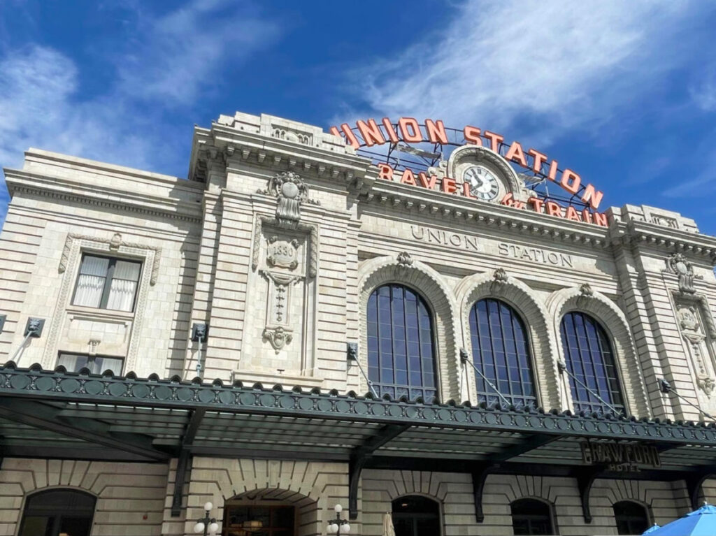 Front of Denver Union Station, a large building with a sign displaying "Union Station"