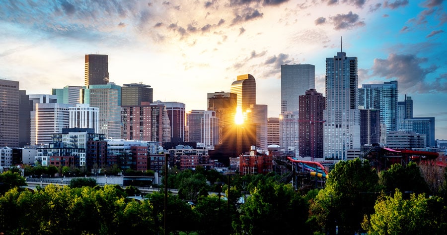 The sunrise over the Denver skyline