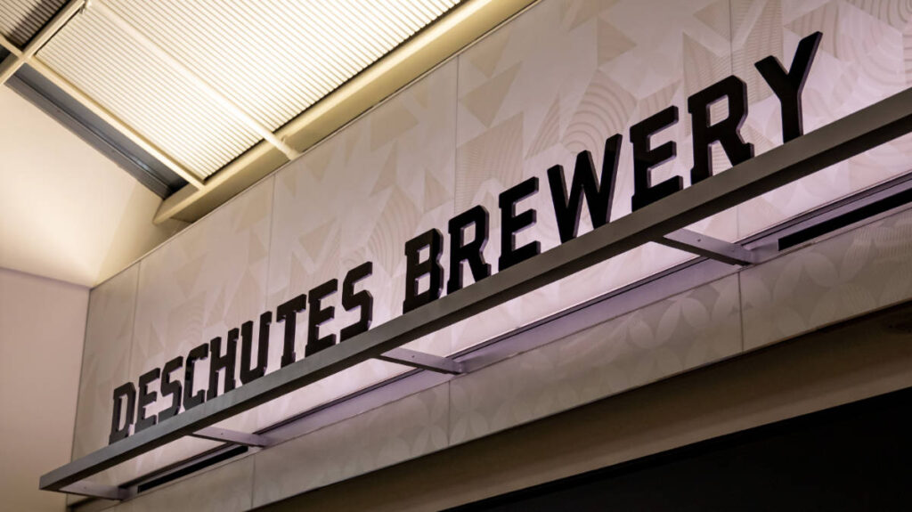 View of the signage at the entrance of Deschutes Brewery