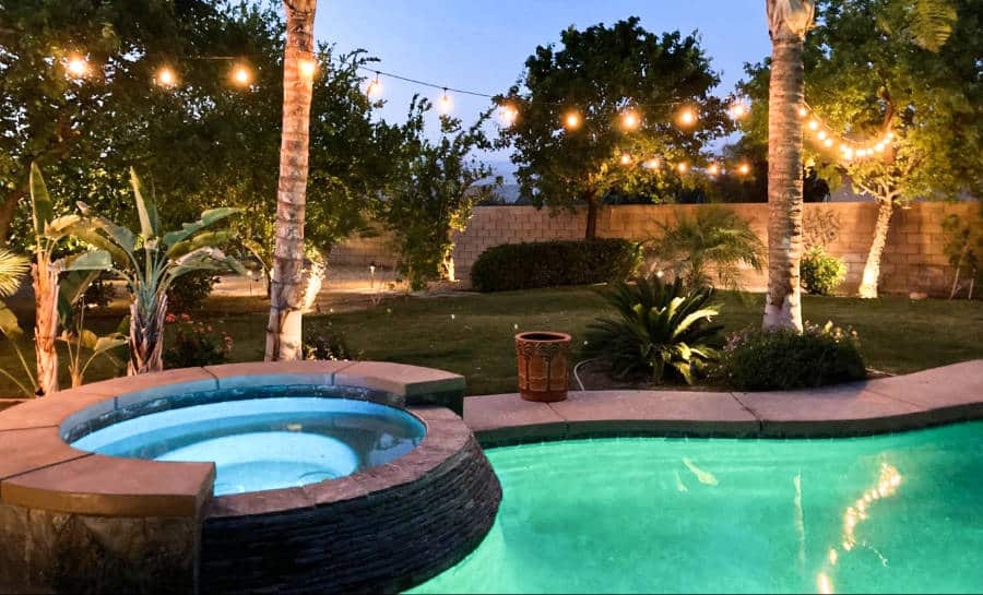 Beautiful night view of the hot springs jacuzzi and pool in the low desert.