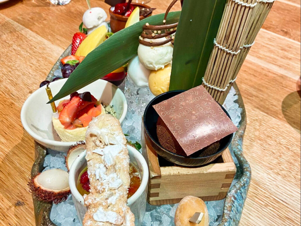 Variety of dessert on a artistic tower from ROKA