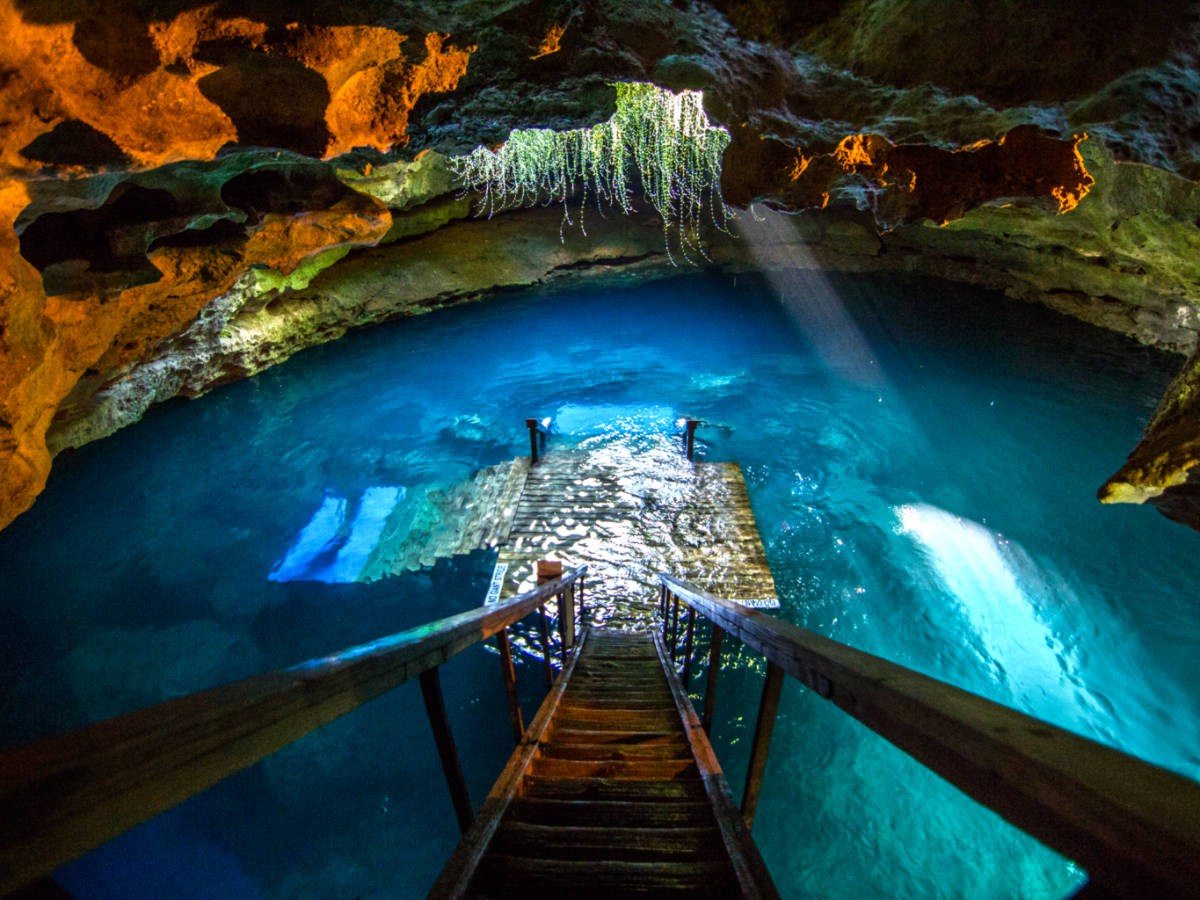View of the deep blue water inside the Devil's Den prehistoric spring, seen from above the stairs
