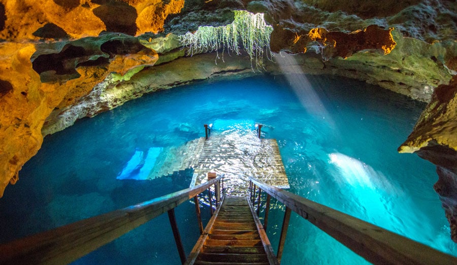 View of wooden stairs down to Devil's Den