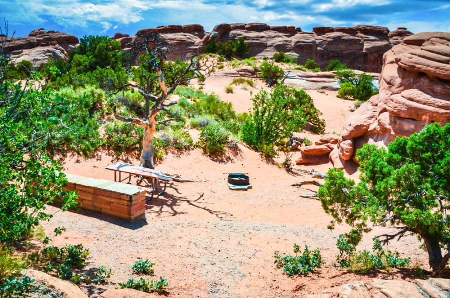 Overlooking view of the Devils Garden campsite surrounded with greenery and rock formations