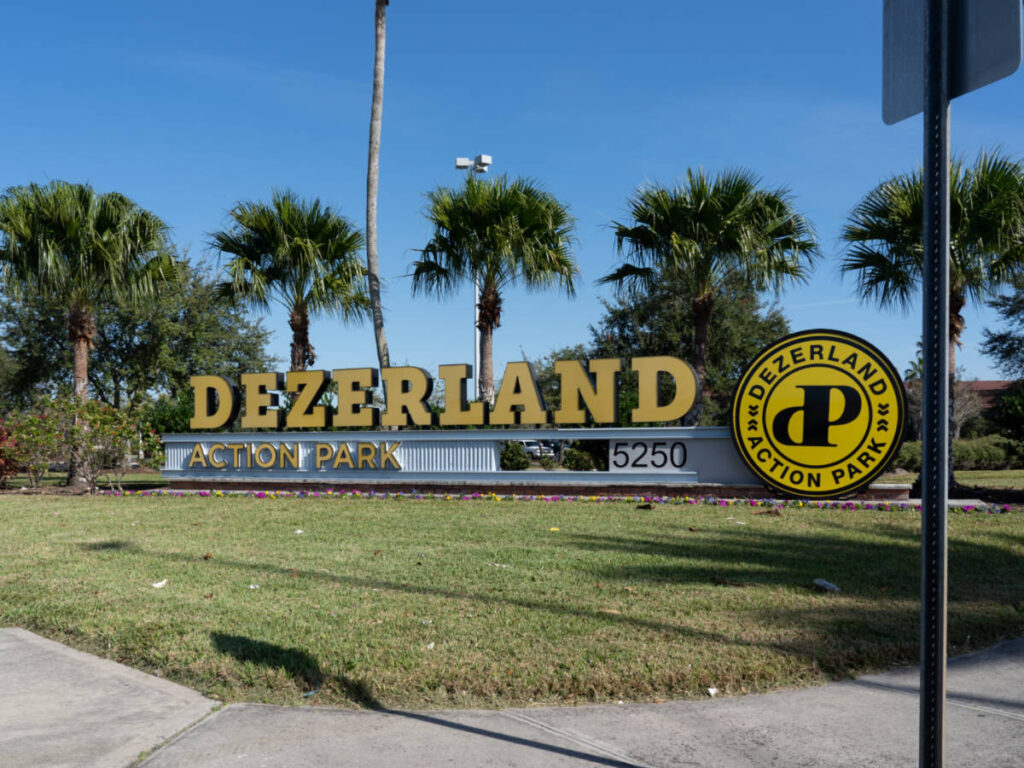 View of Dezerland Park sign at the entrance