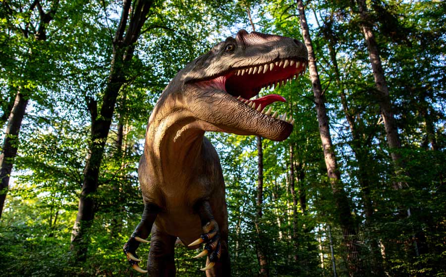 A huge sculpture of a dinosaur in the middle of the forest at Dinosaur World