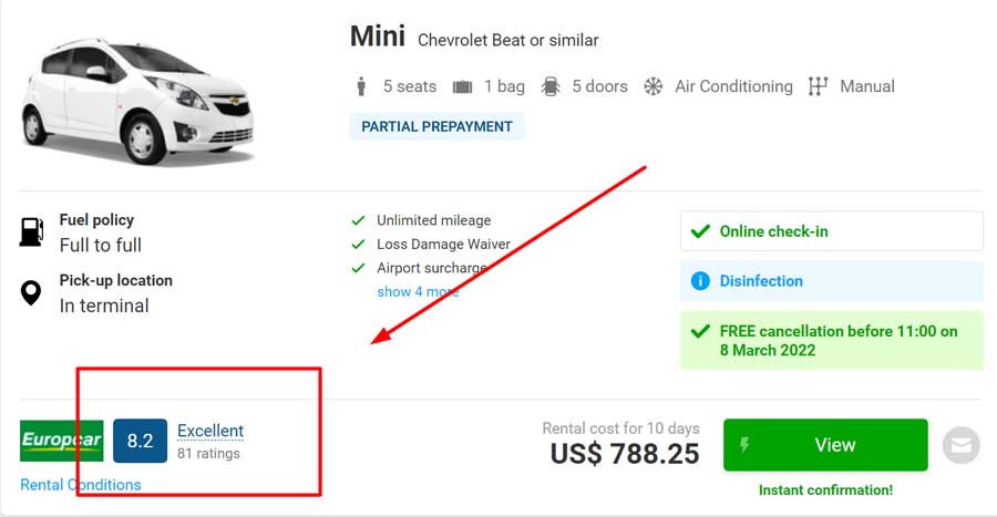 View of one of the rental car info on Discover Cars site