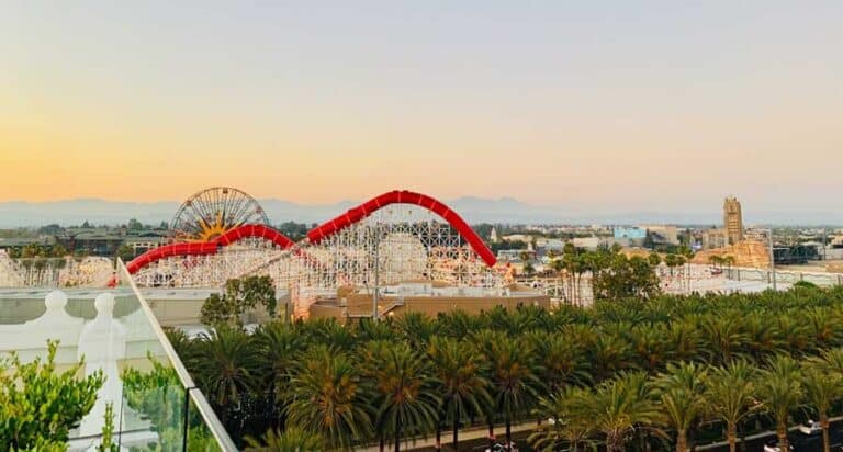 Scenic view of the sunset over the rides from the Disney California Adventure Park