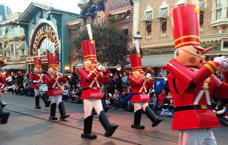 Musical marching soldiers during a Disney Christmas Parade in Disneyland