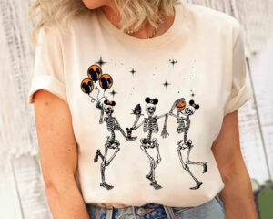 Woman wearing a Shirt with Disney Halloween Party Dancing Skeleton