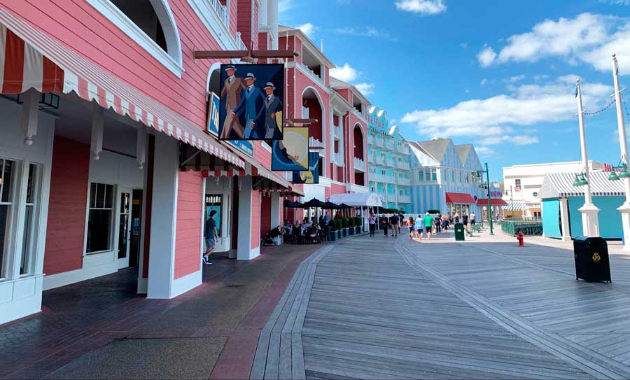 View of colorful establishments from Disney's Boardwalk