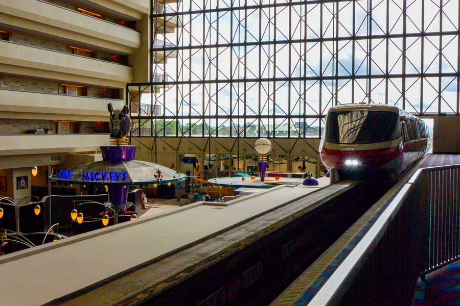 A monorail passing through Disney’s Contemporary Resort