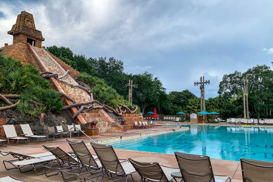 View from the pool area with a pyramid in Interior of Disney’s Coronado Springs Resort