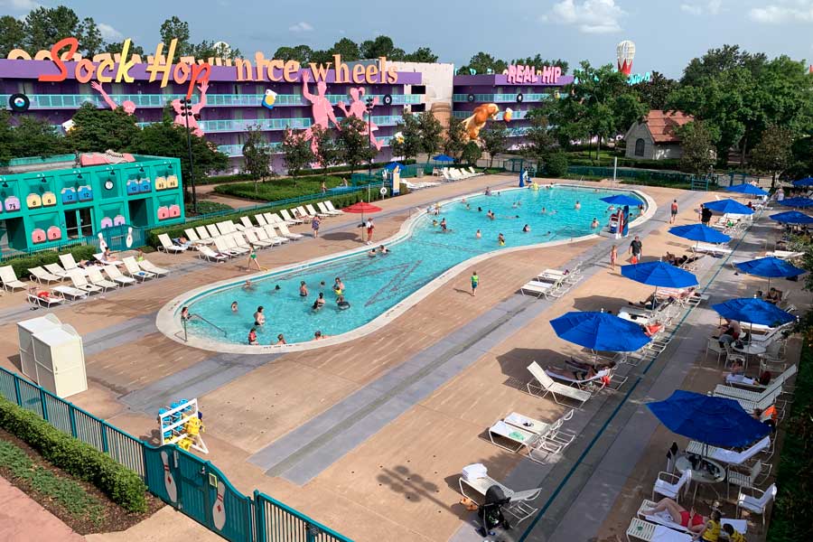 Overlooking view of the pool in Disney’s Pop Century Resort