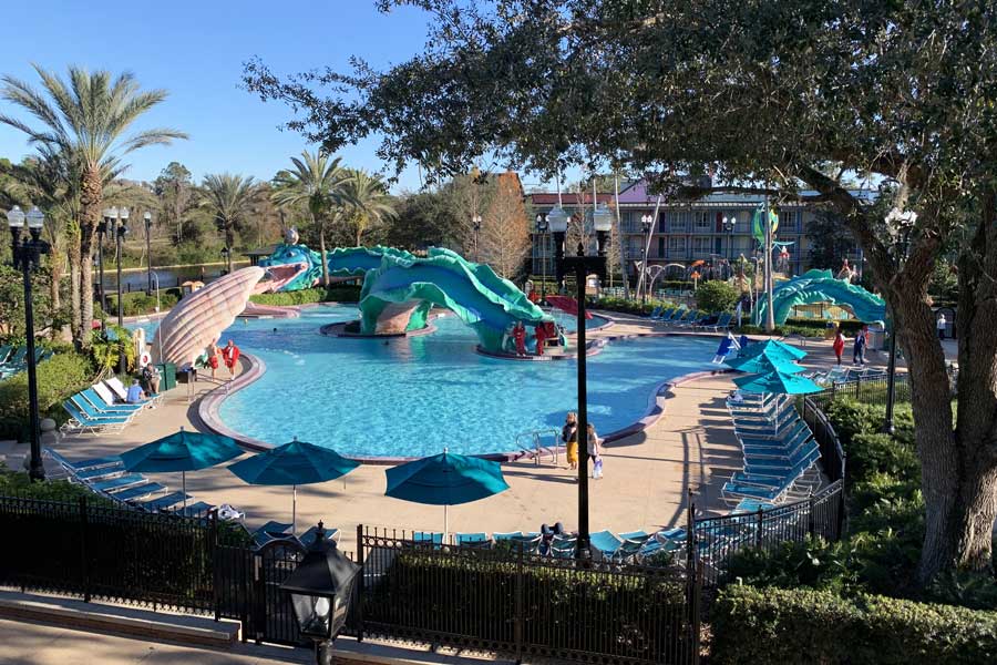 View of the pool area in Disney’s Port Orleans Resort in French Quarter