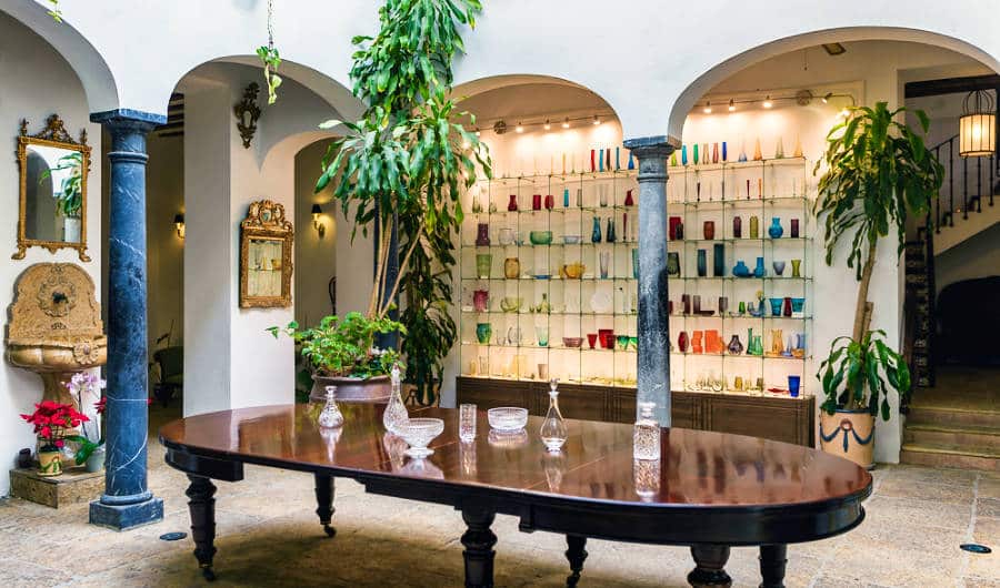 View of the interior and glass and crystal displays at Museo del Vidrio