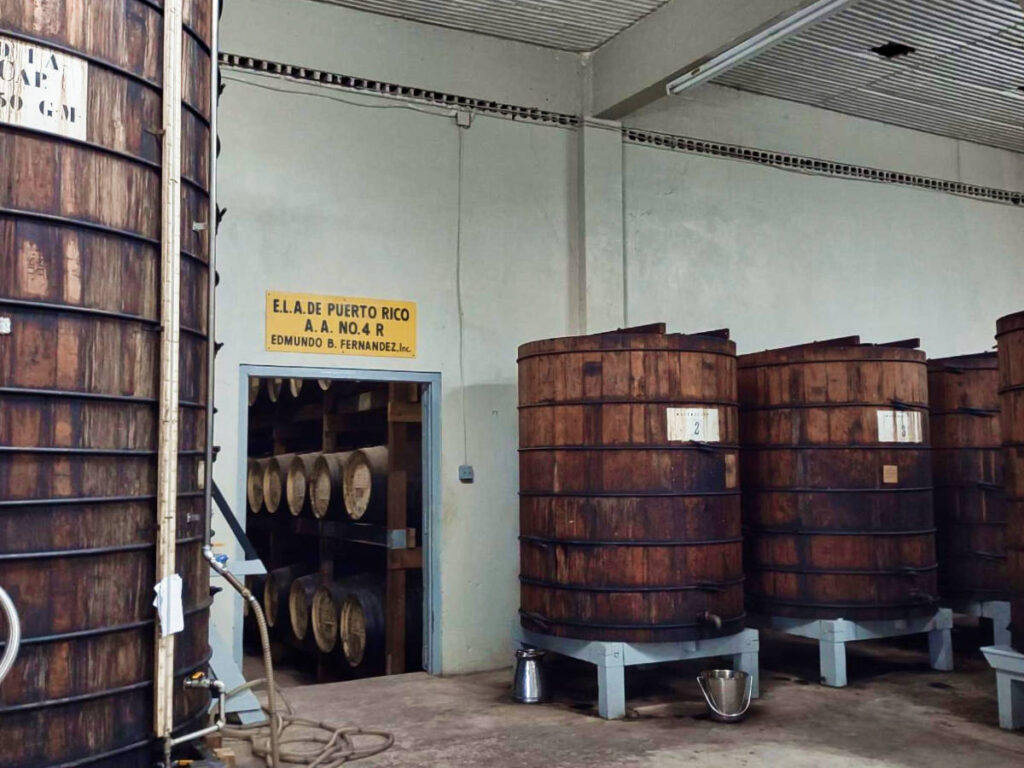 Huge barrels inside the distillery and aging room in Hacienda Santa Ana