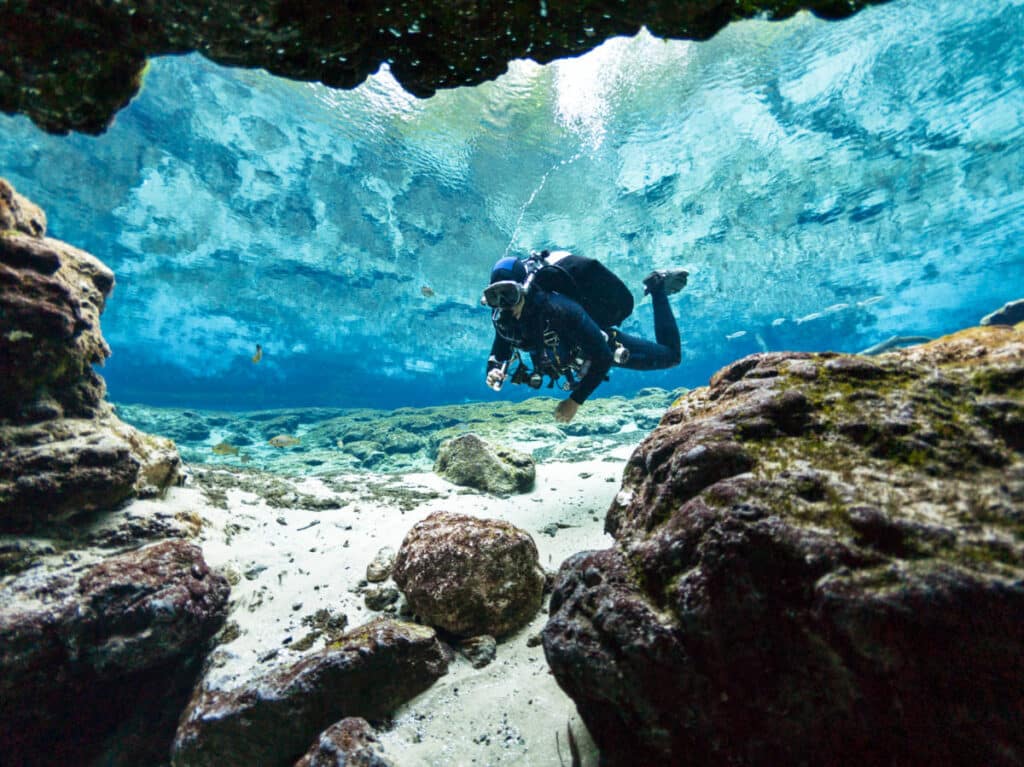 A diver at the underwater cave in Ginnie Springs