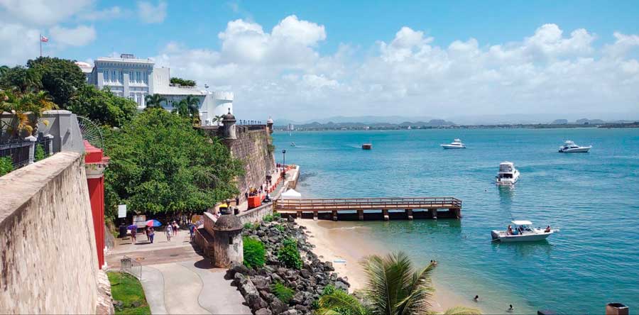Overlooking view of a dock and boats at the water of San Juan