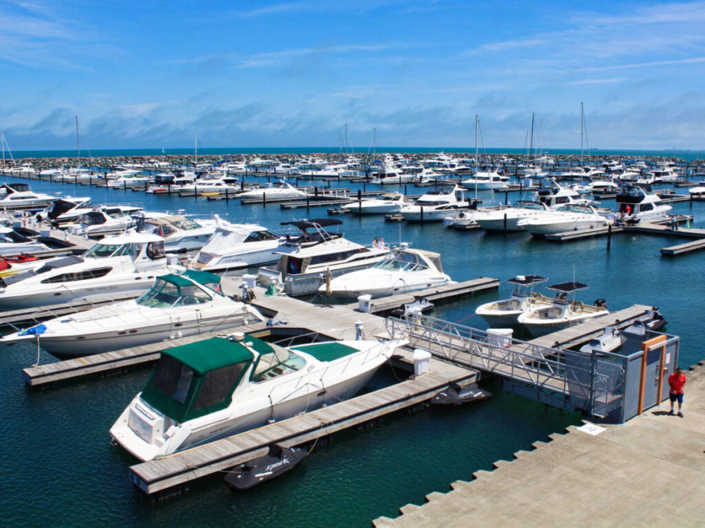 Overlooking view of the boats docked in 31st Street Harbor