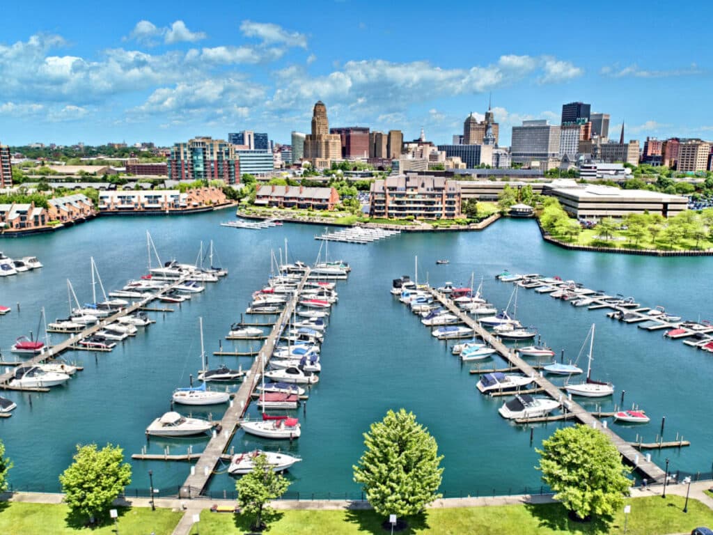 Aerial view of the boats docked at the marina