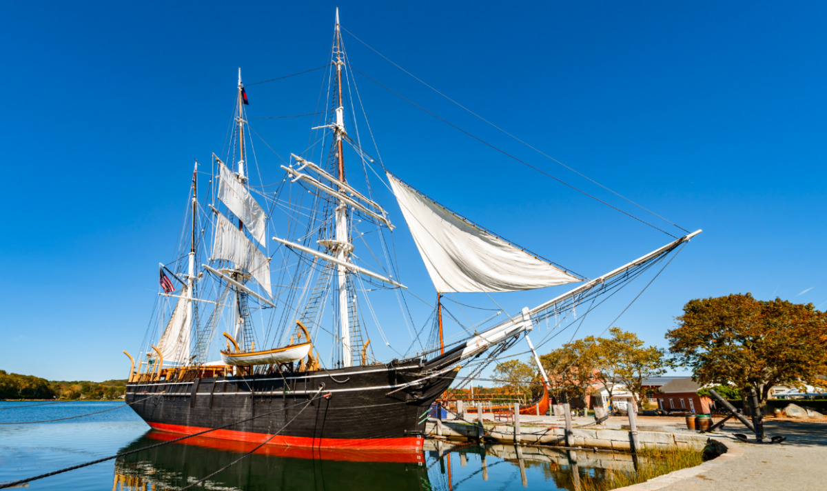 View of the docked wooden whaleship, Charles W. Morgan