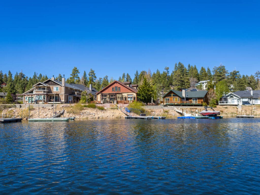 Clear blue sky over the docks in Big Bear Lake