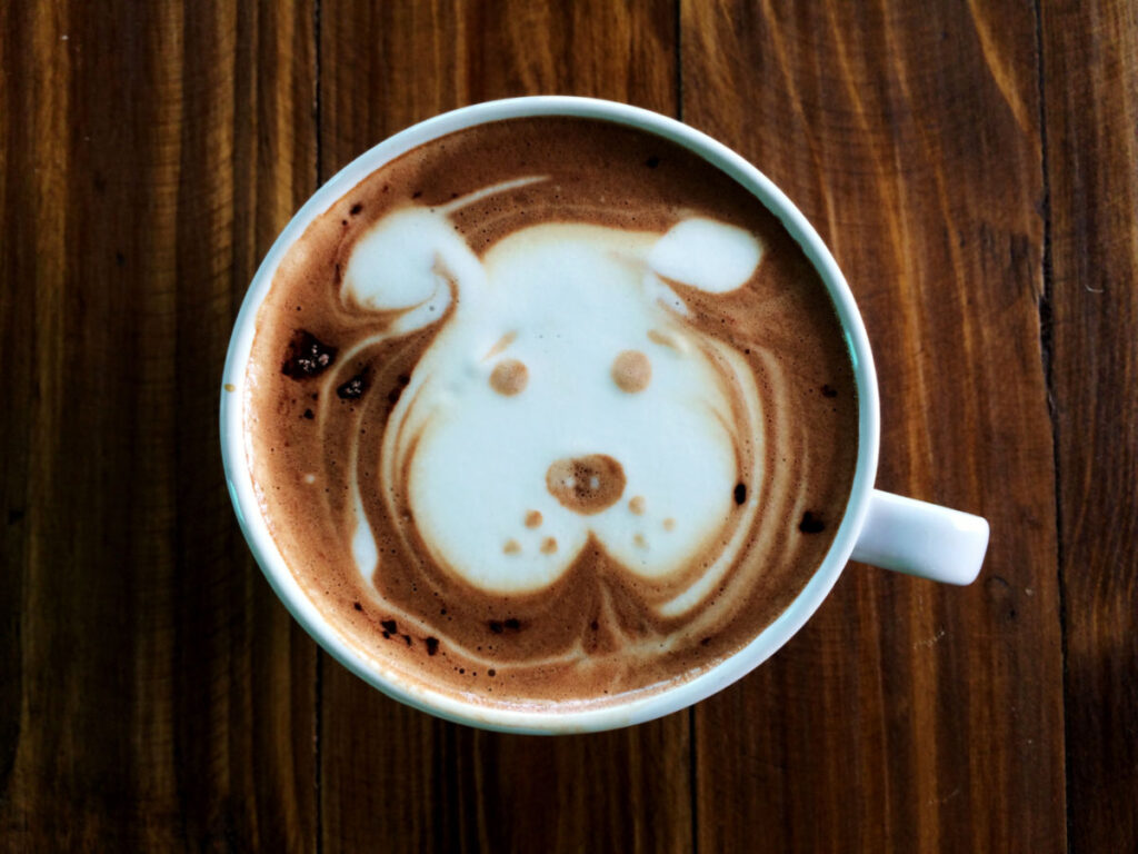 Dog face latte art coffee in white cup at Spike’s Coffee & Teas