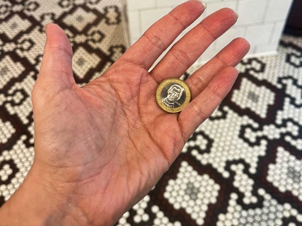 Closeup look of a hand with a Dominican pesos coin