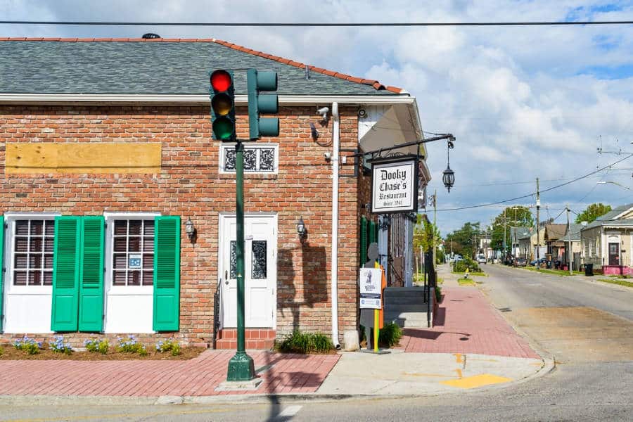 Exterior view of the Dooky Chase Restaurant near the traffic light located in the corner of the street