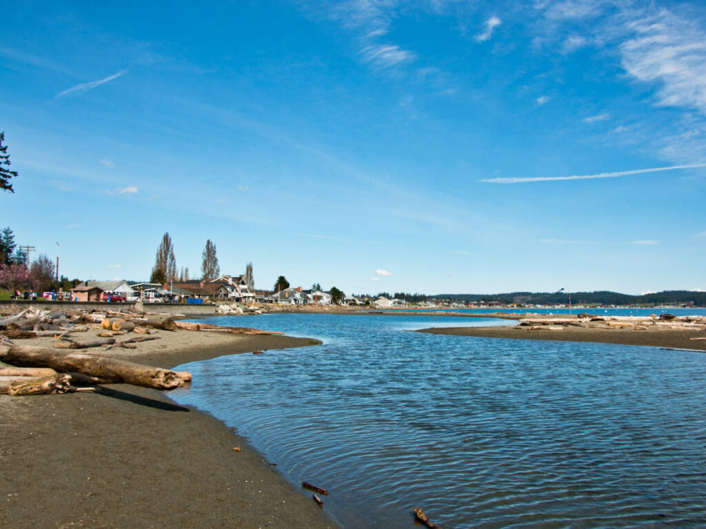 Panoramic view of the Double Bluff Beach and the clear blue sky