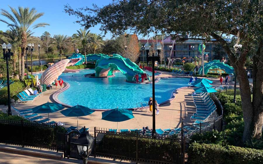 View from the Doubloon Lagoon at Port Orleans and the clear blue sky over it