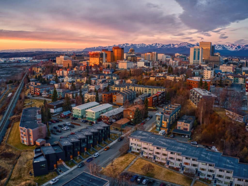 Aerial view of Downtown Anchorage during sunset