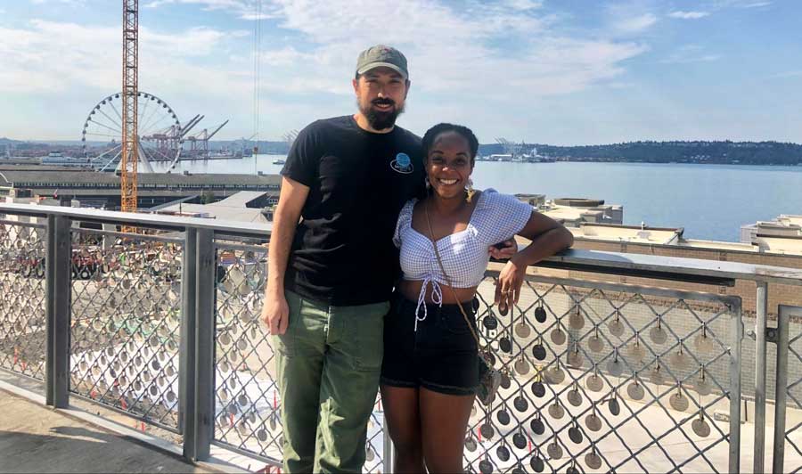 The author with her husband in the downtown area of Seattle