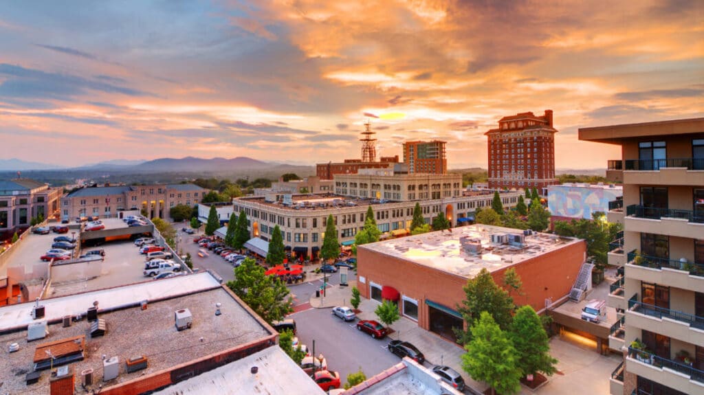 Aerial view of downtown Asheville during sunset
