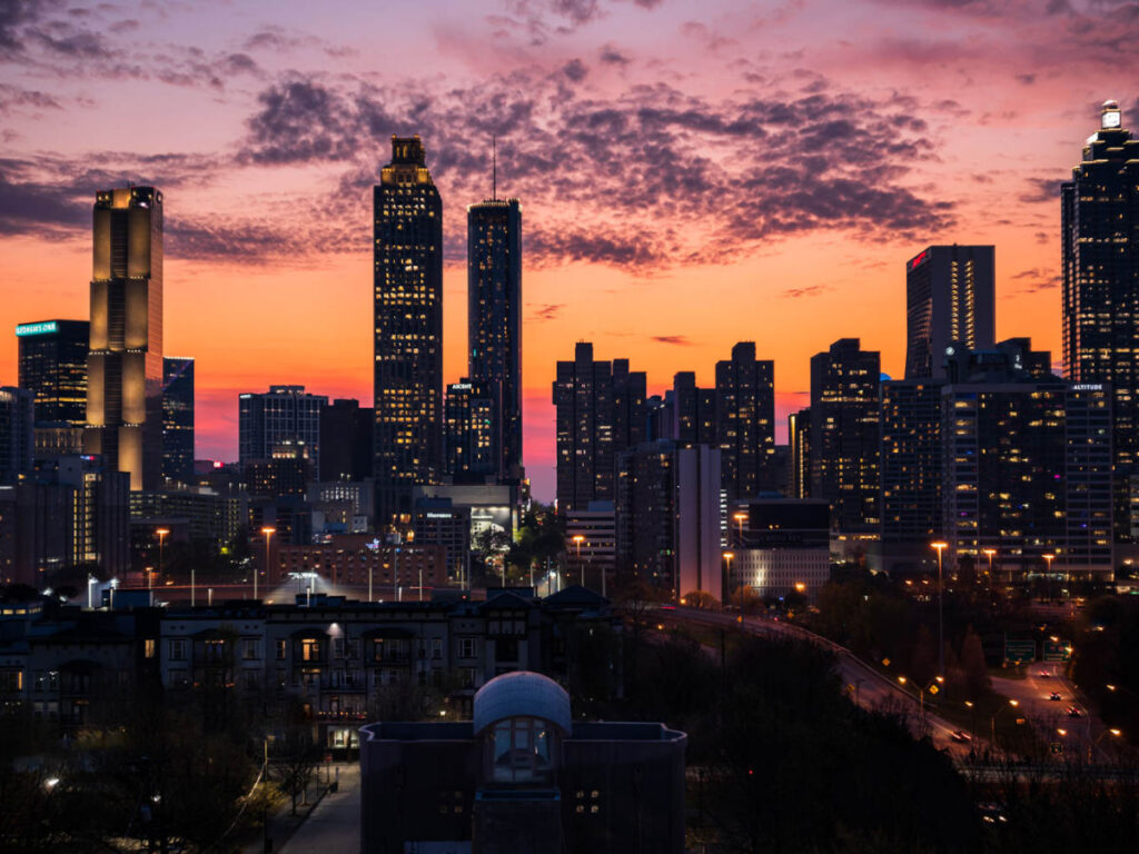The sunset views of Downtown Atlanta from Jackson Street Bridge