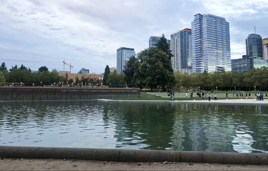 View of the cityscape and Downtown Bellevue Park from across the lake
