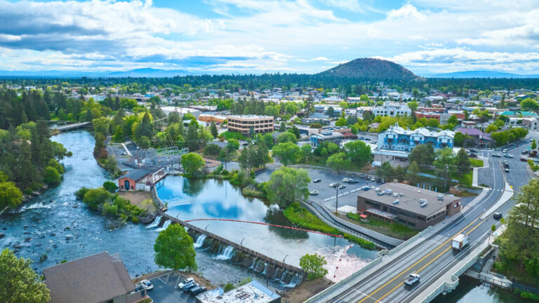 Arial view of downtown Bend during morning