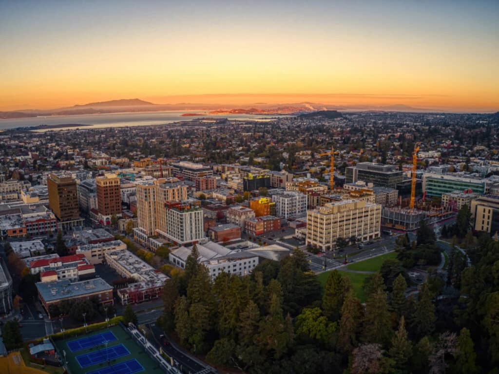 Aerial view of Downtown Berkeley during sunset