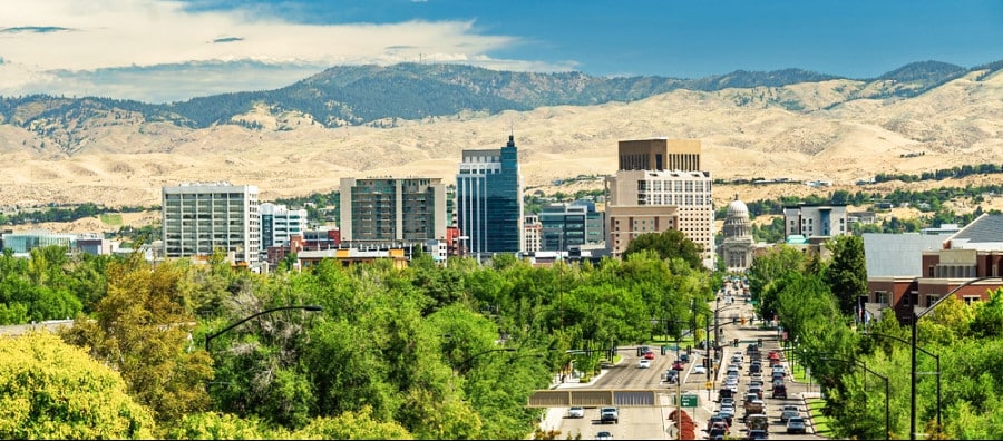 Skyline view and by road of downtown Boise