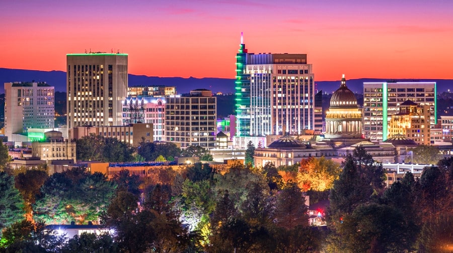 Illuminated downtown cityscape of Boise at twilight