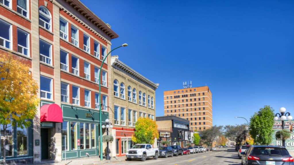 Exterior view of the colorful buildings along Downtown Brandon in Manitoba