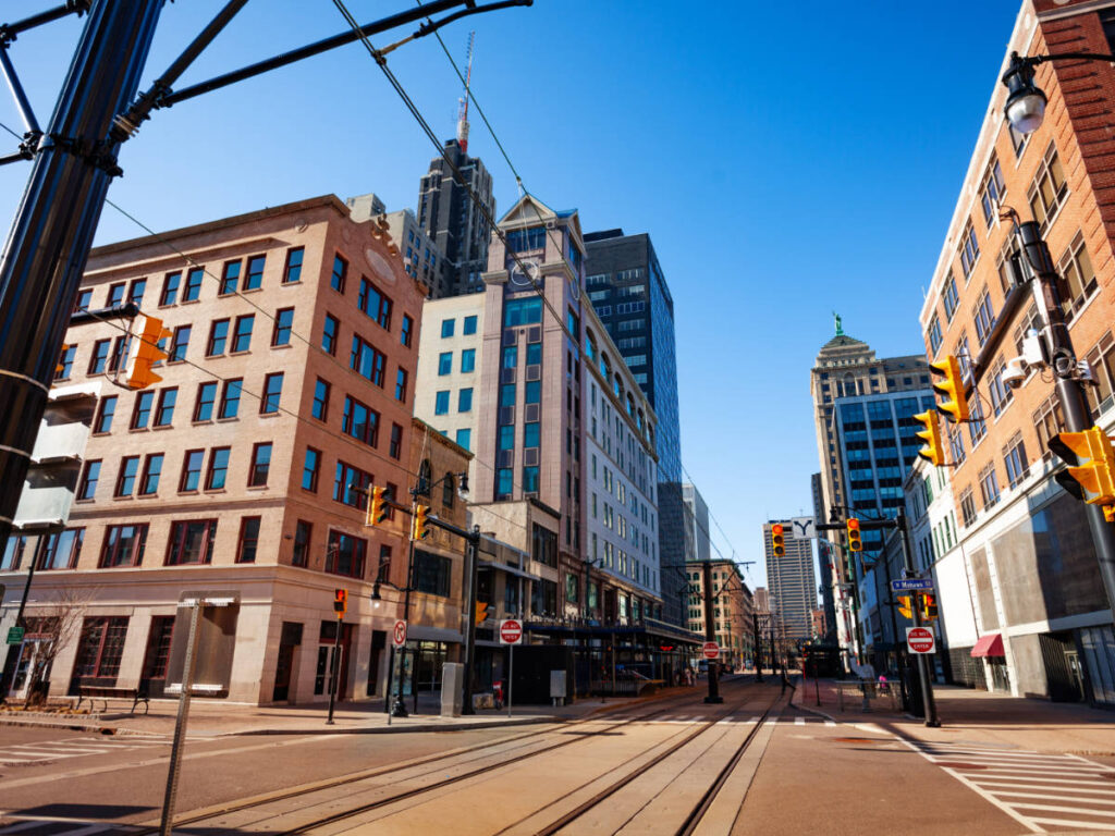Clear blue sky over a tram line in Downtown Buffalo